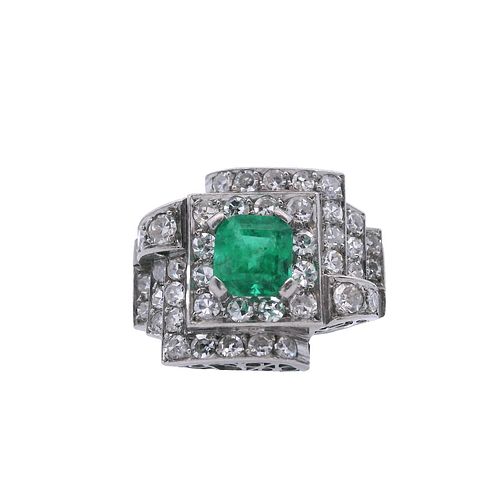 Art Deco Platinum Ring with Emerald and Diamonds