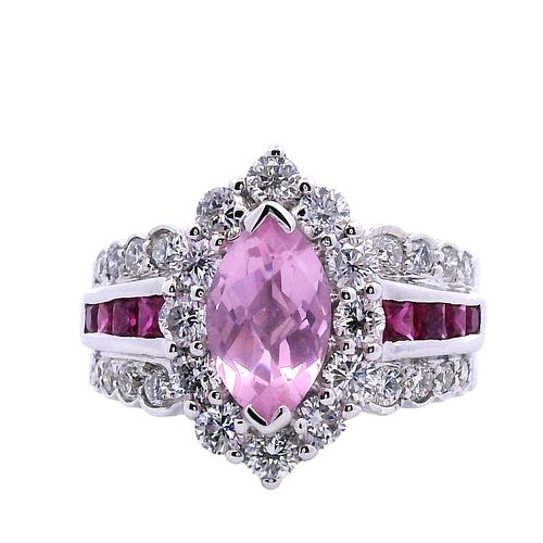 Pink Tourmaline, Diamonds & Rubies, 18k Gold Ring