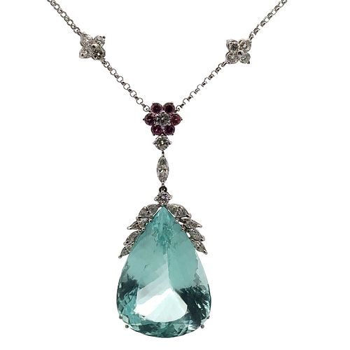 63.20 CTw in Aquamarine, Diamonds and Pink Sapphires 18kt Gold Necklace