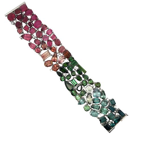 166.35 Ctw in Tourmalines and Diamonds 18kt Gold Bracelet