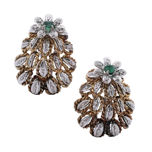 Italian 18k Gold Clip Earrings with Diamonds and Emerald