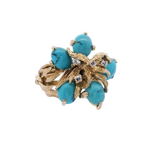 18k yellow Gold Flower Ring with Turquoises and Diamonds