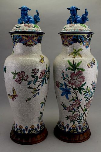 (2) Large Antique French Longwy Covered Vases