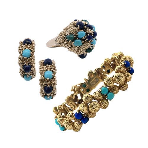 18kt Gold Set of Bracelet, Earrings and Ring with Turquoises and Lapis