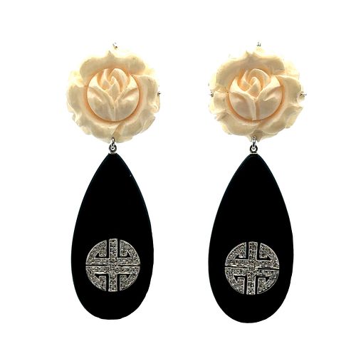 18k Gold Earrings with Onyx, Lucite and Diamonds
