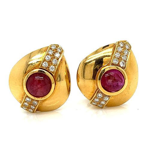 18K Yellow Gold Ruby & Diamond Earrings