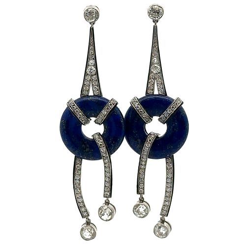 2.92 Cts Diamonds Platinum enamel Earrings with Lapis Lazuli