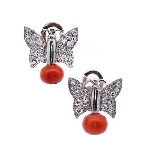Platinum & 18k Gold Butterfly Clip-Earrings with Diamonds and Corals