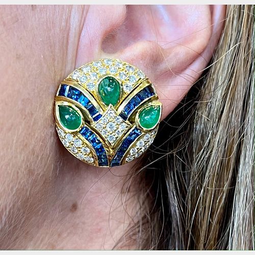 18K Yellow Gold Diamond, Sapphire, and Emerald Earrings