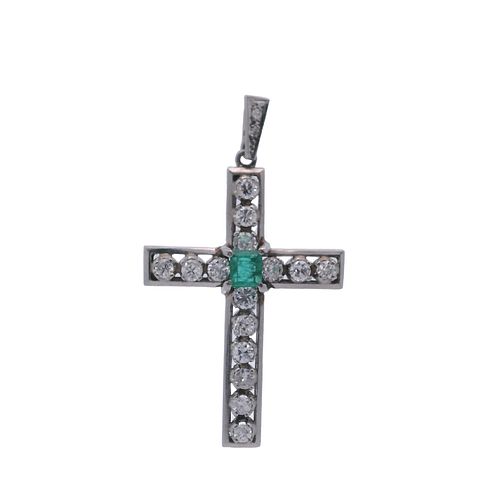 Platinum Cross Pendant with Diamonds and Emerald