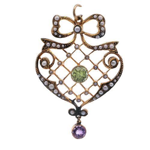 Victorian 18k Gold Pendant with Peridot, amethyst and micro pearls