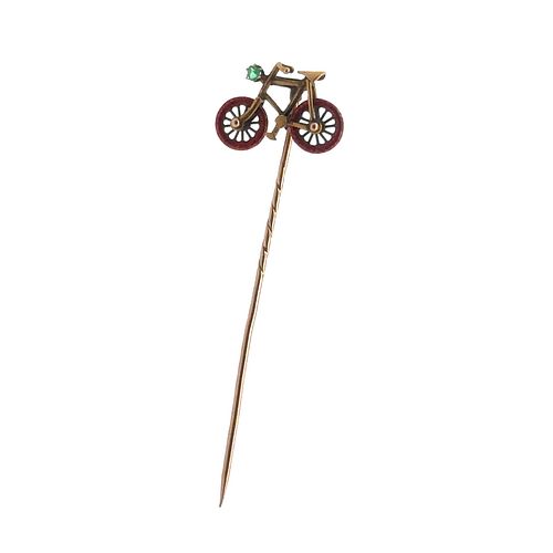 14k Gold Bike Tie Pin with enamel and Emerald