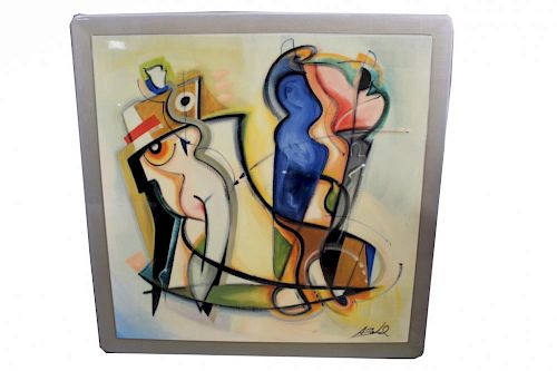 Signd Large Modernist Figural Abstract Mixed Media