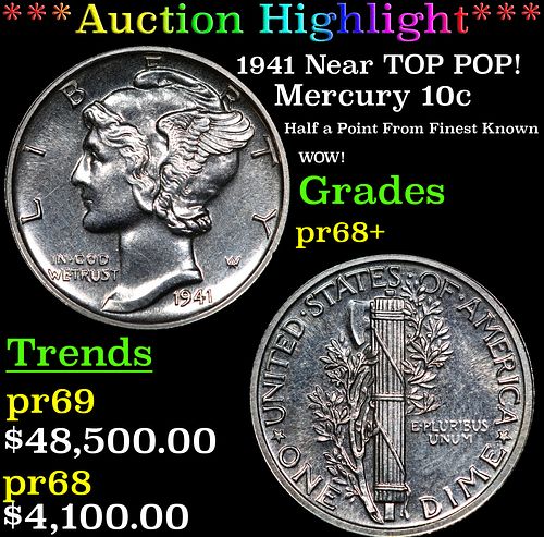 Proof ***Auction Highlight*** 1941 Mercury Dime Near TOP POP! 10c Graded pr68+ By SEGS (fc)