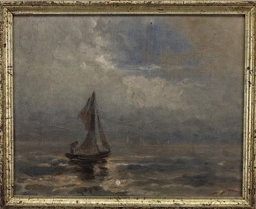 Signed, Early 20th C. Painting of Man on Sailboat