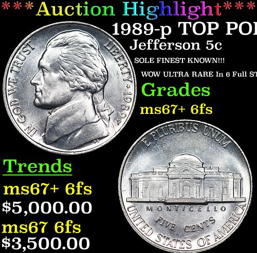 ***Auction Highlight*** 1989-p Jefferson Nickel TOP POP! 5c Graded ms67+ 6fs BY SEGS (fc)