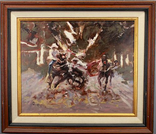 Signed, 20th C. Rodeo Scene w/ Cowboys
