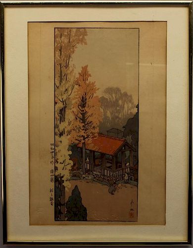 Antique Japanese Woodblock of Pavillion