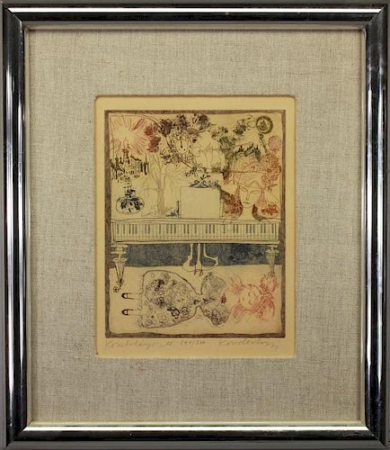 20th C. Signed Surrealist Colored Etching