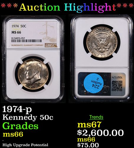 ***Auction Highlight*** NGC 1974-p Kennedy Half Dollar 50c Graded ms66 By NGC (fc)