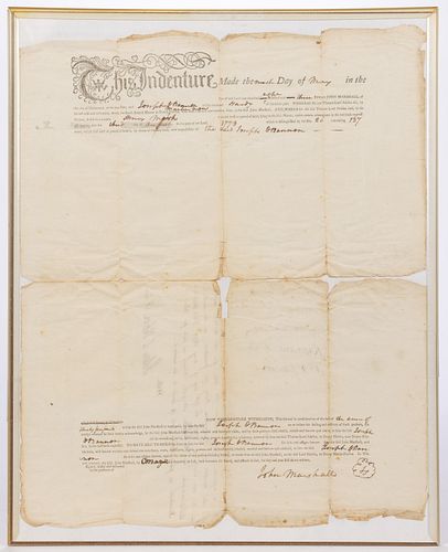 JOHN MARSHALL (1755-1835) SIGNED 1773 SOUTH BRANCH MANOR, VIRGINIA (NOW WEST VIRGINIA) LAND INDENTURE DOCUMENT