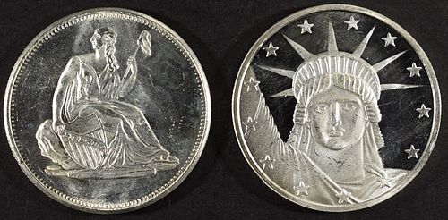 (2) 1 OZ .999 SILVER SEATED LIB & STATUE ROUNDS