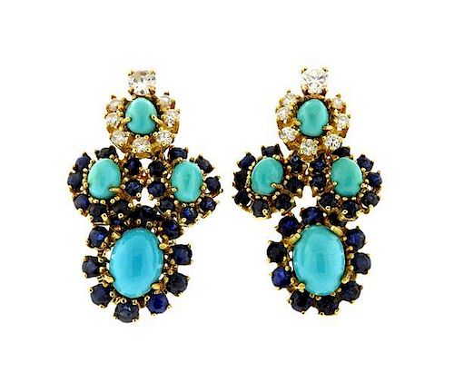 18K Gold Diamond Blue Stone Turquoise Earrings