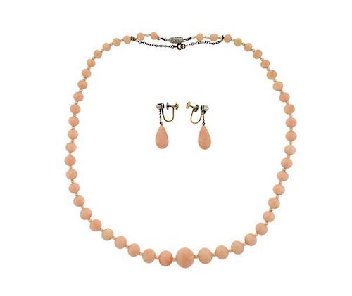 Platinum Gold Diamond Coral Pearl Necklace Earrings Set