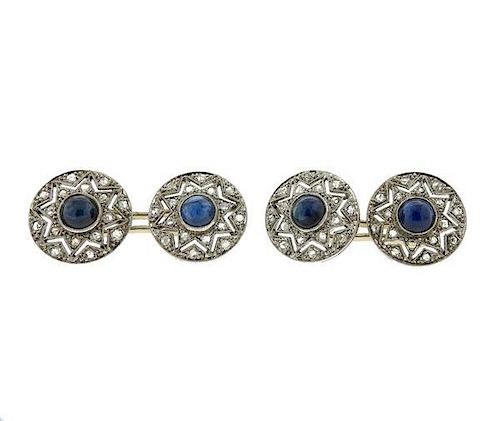 Art Deco 18K Gold Diamond Blue Stone Cufflinks