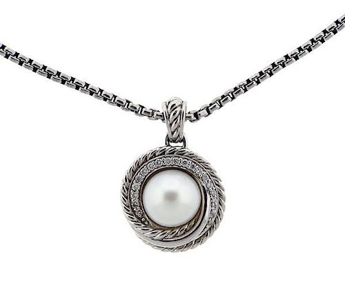 David Yurman Sterling Diamond Pearl Crossover Pendant Necklace