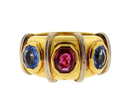 18K Gold Ruby Sapphire Band Ring