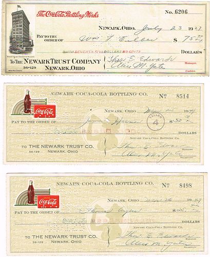 Lot of Three 1920s-40s Coca Cola  Payroll Checks Newark Ohio