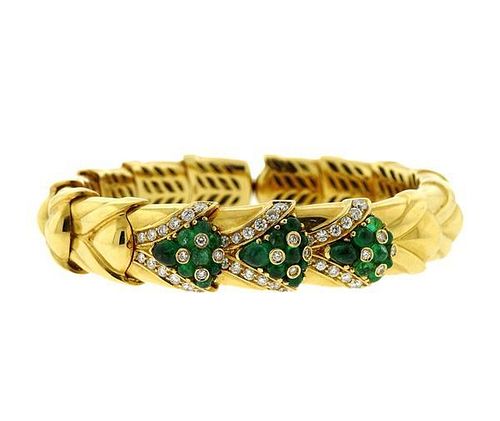18K Gold Diamond Green Stone Flexible Cuff Bracelet