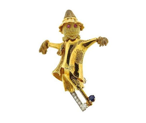 18k Gold Diamond Scarecrow Brooch Pin
