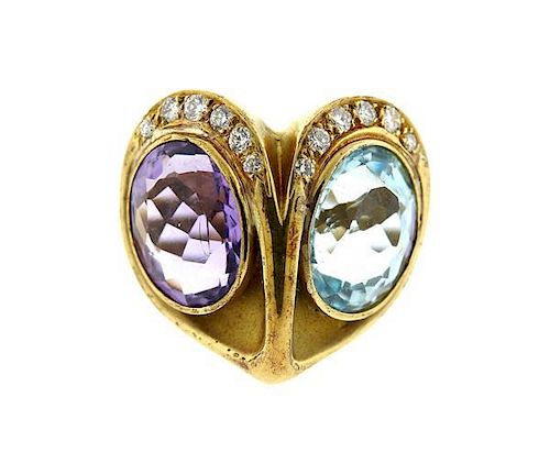 14k Gold Blue Stone Amethyst Diamond Ring