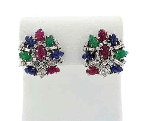 18k Gold Diamond Sapphire Emerald Ruby Tutti Frutti  Earrings