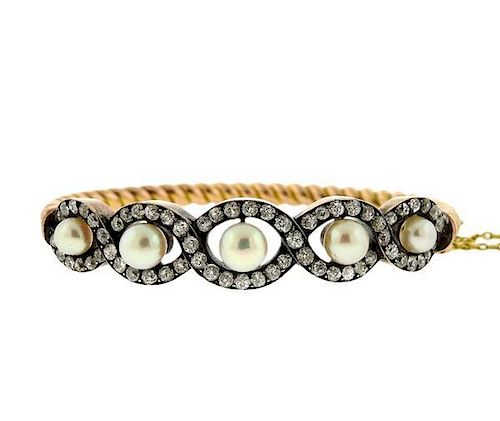 Antique 18K Gold Diamond Pearl Bangle Bracelet