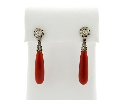 Antique 14k Gold Red Coral Diamond Drop Earrings