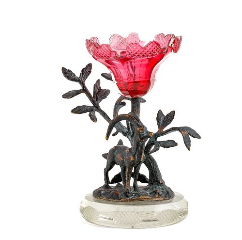 Figural Bronze and Cranberry Cut Glass Salt