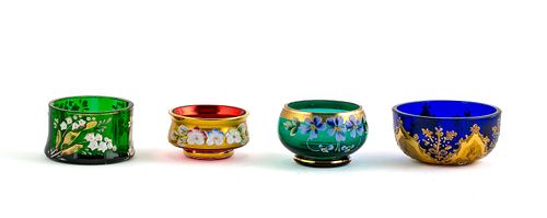 4 Enameled Colored Glass open Salts