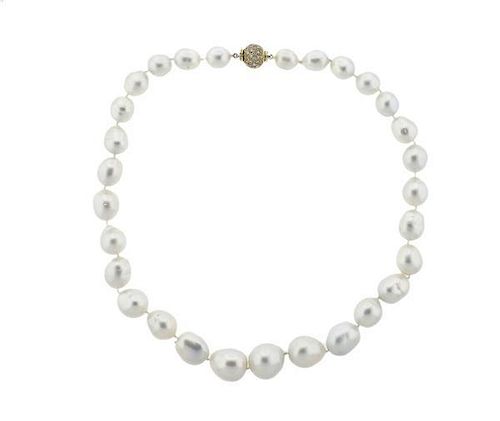 18K Gold Diamond South Sea Baroque Pearl Necklace