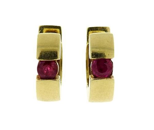 14K Gold Red Stone Huggie Earrings