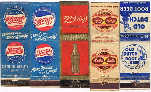 Lot of Five 1940s-50s Matchcovers Pepsi-Cola Coca Cola Nutri Cola Old Dutch Root Beer