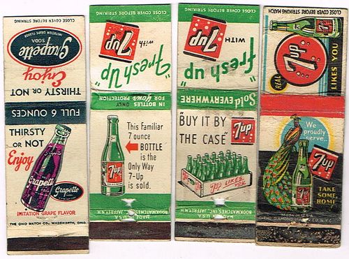 Lot of Four 1940s-50s Soda Matchcovers 7Up Grapette