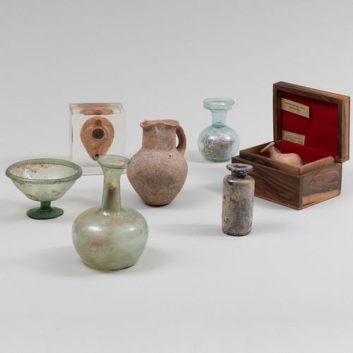 Group of Seven Glass and Pottery Vessels 