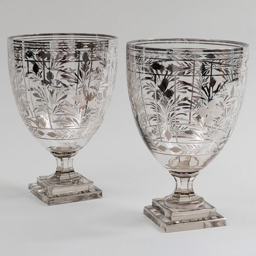 Pair of Silver Lustre Decorated Glass Urns