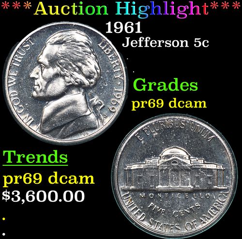 Proof ***Auction Highlight*** 1961 Jefferson Nickel 5c Graded pr69 dcam BY SEGS (fc)