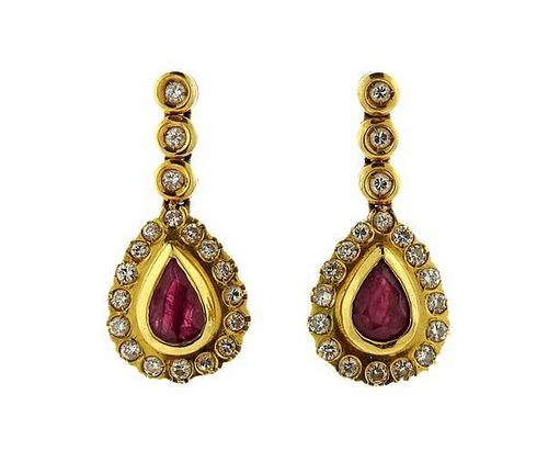 18k Gold Red Stone Diamond Teardrop Earrings