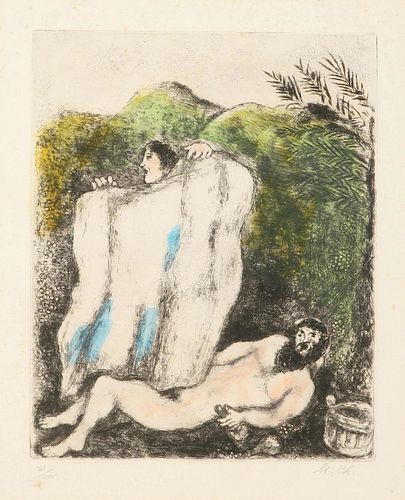 Marc Chagall 1887-1985 (Russian, French) Adam and Eve, (from the Bible series) hand colored etch
