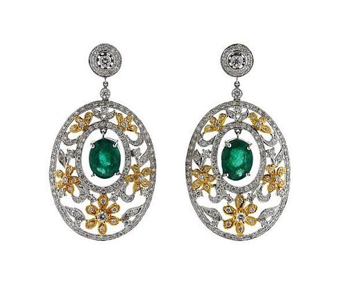 18K Gold Diamond Green Stone Dangle Earrings